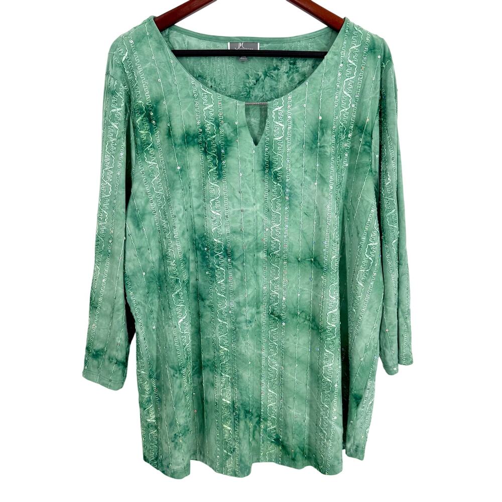 JM Collection Plus Size XXL 2X Green Sequin Stretchy Blouse Shirt Top Formal